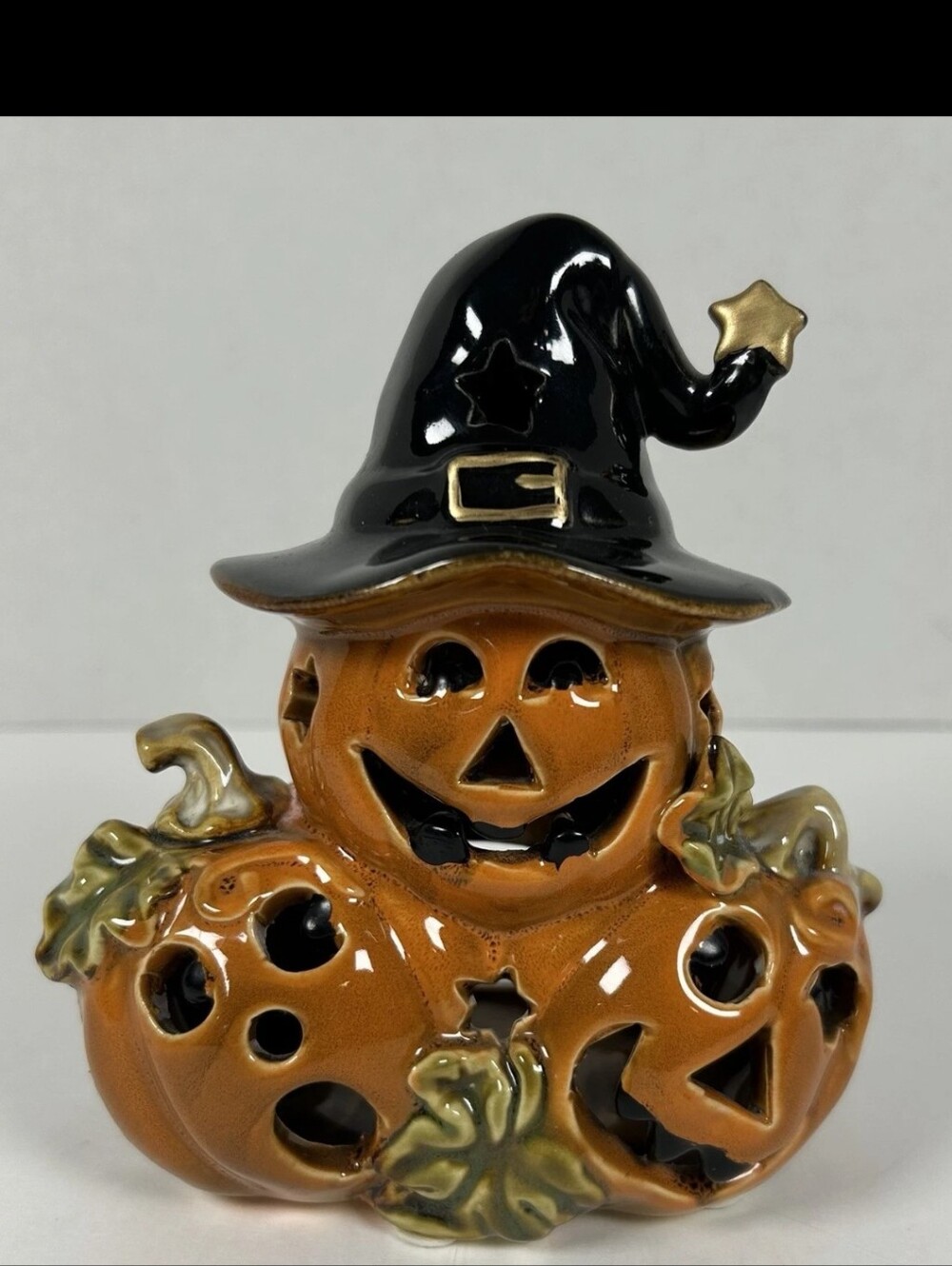 Halloween Pumpkin Ceramic Lantern with Black Witch Hat - Unbranded